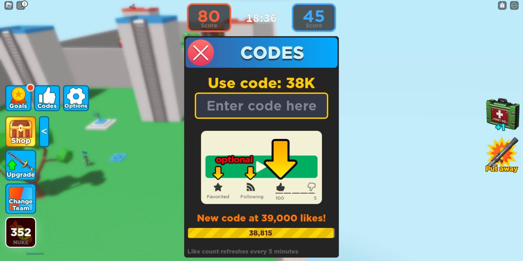 Game interface showing code redemption
