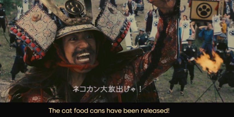 Se han lanzado una toma cinematográfica de un samurai gritando las latas de comida para gatos