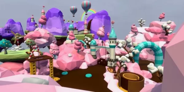 A Willy Wonka-inspired candy landscape featuring chocolate rivers and fluffy cotton candy hills