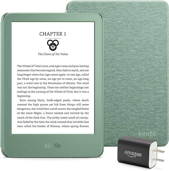 Kindle Essentials -Bundle einschließlich Kindle (2024 Release) - Matcha, Stoff Cover - Matcha und Stromadapter