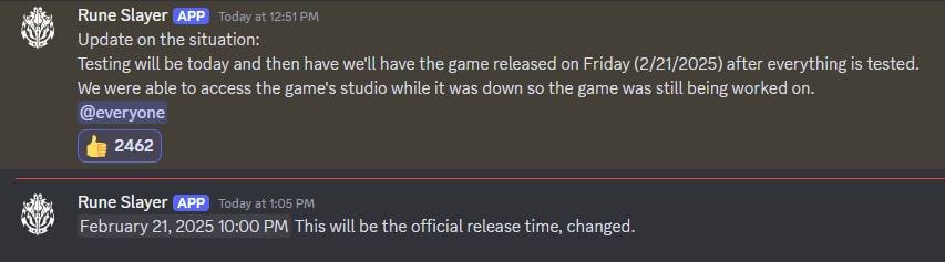 A Discord Message where a Rune Slayer developer talks to the community about the release date