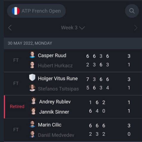 Schermata ATP live scores : Tennis live 2