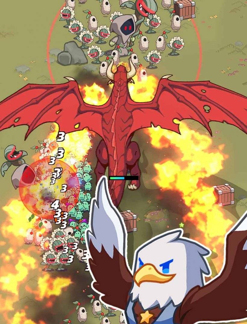 Pflanzen und Tiere im Krieg mit einem riesigen Drachen