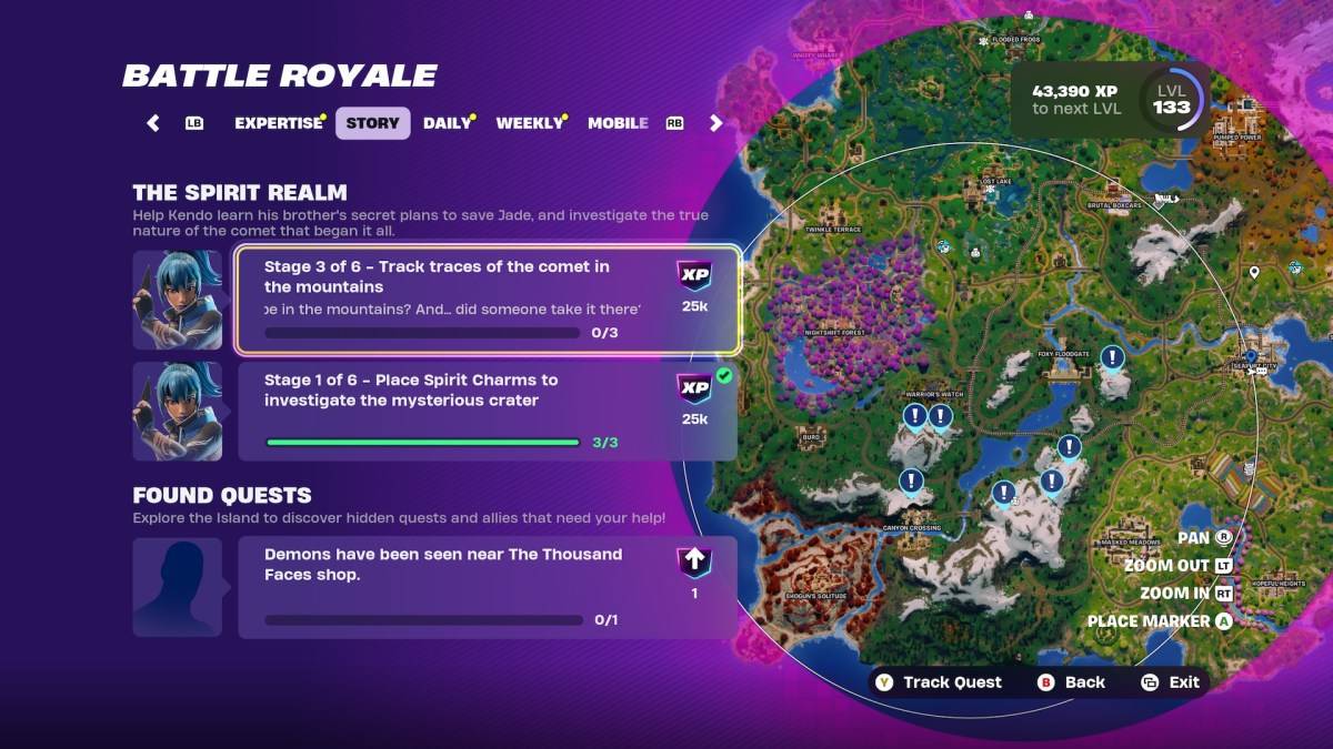 Mapa que resalta las ubicaciones de cometas en Fortnite.