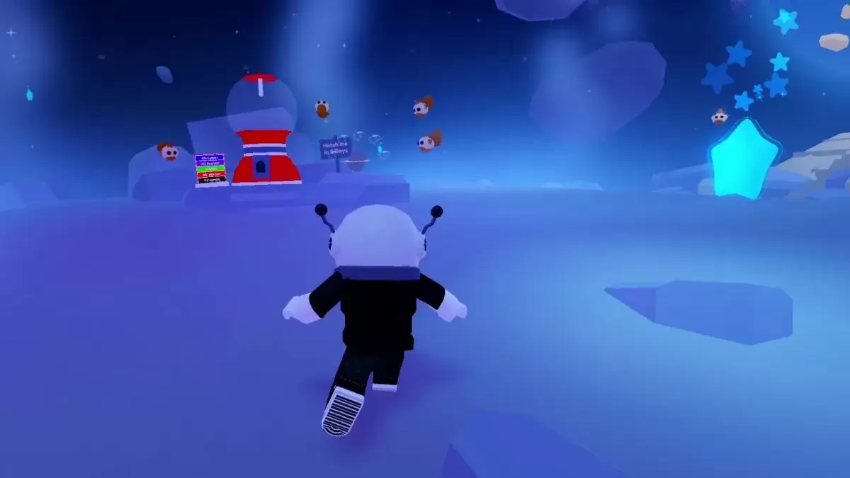 Gameplay Roblox de m'adopter montrant une étoile de tir sur la lune et la machine Gumball à côté de l'œuf royal de la lune