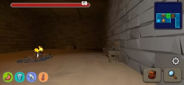 First-person dungeon view showing health, hunger, and thirst meters