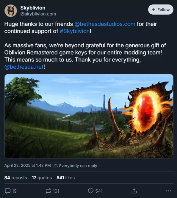 Bethesda accorde à Skyblivion Team Oblivion Remastered Keys
