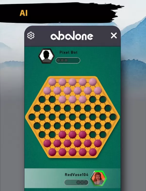 A screenshot of an Abalone game in progress, with a hexagonal board and white vs black marbles