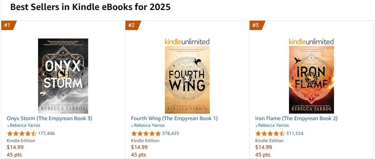 Los libros del cuarto ala están dominando la lista de best sellers Kindle de Amazon en 2025 hasta ahora