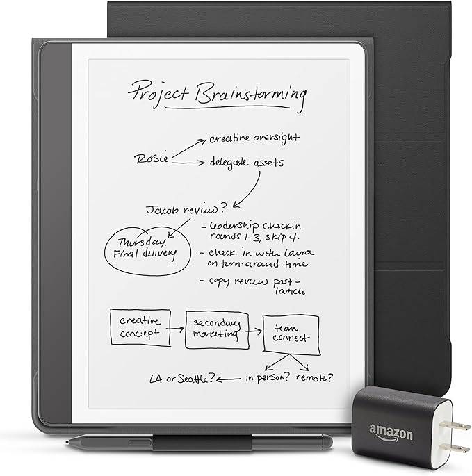 Nowy pakiet Amazon Kindle Scribe Essentials, w tym New Kindle Scribe (16 GB)-Tungsten, Pióro premium, skórzane folio-czarne i zasilacze adapter