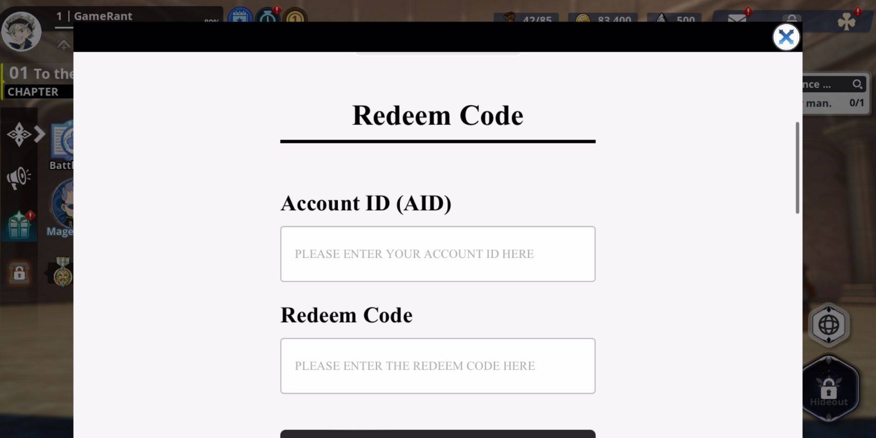 Redeeming Codes in Black Clover M