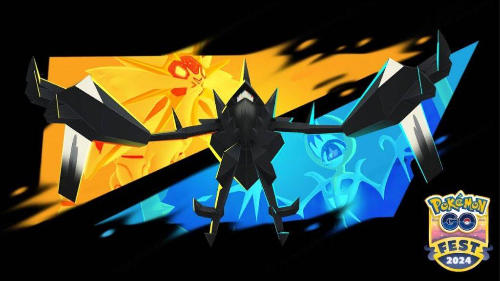 Pokemon GO -afbeelding met necrozma, met necrozma schemering mane en dageraadvleugels op de achtergrond